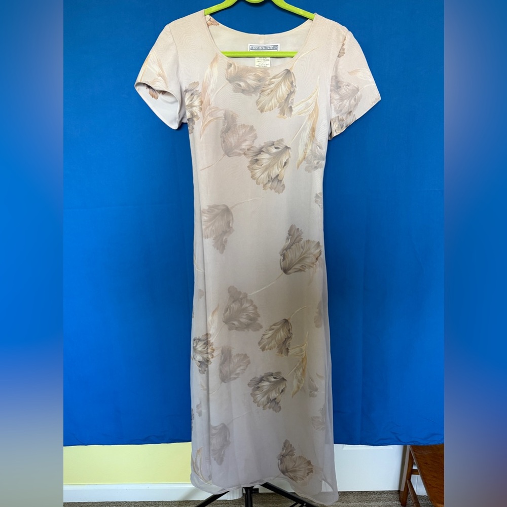 Vintage 90s Jessica Howard Petite Slip-on Floral Dress Leaf Print Neutral